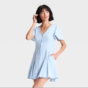 Universal Thread Light Blue Button-Front V-Neck Mini Dress pockets Large